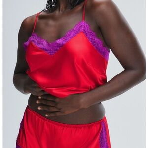 Red and Purple Lace Trim Satin Camisole
